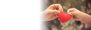 Heart in hands. An older hand passes a stuffed red heart to a child's hand.